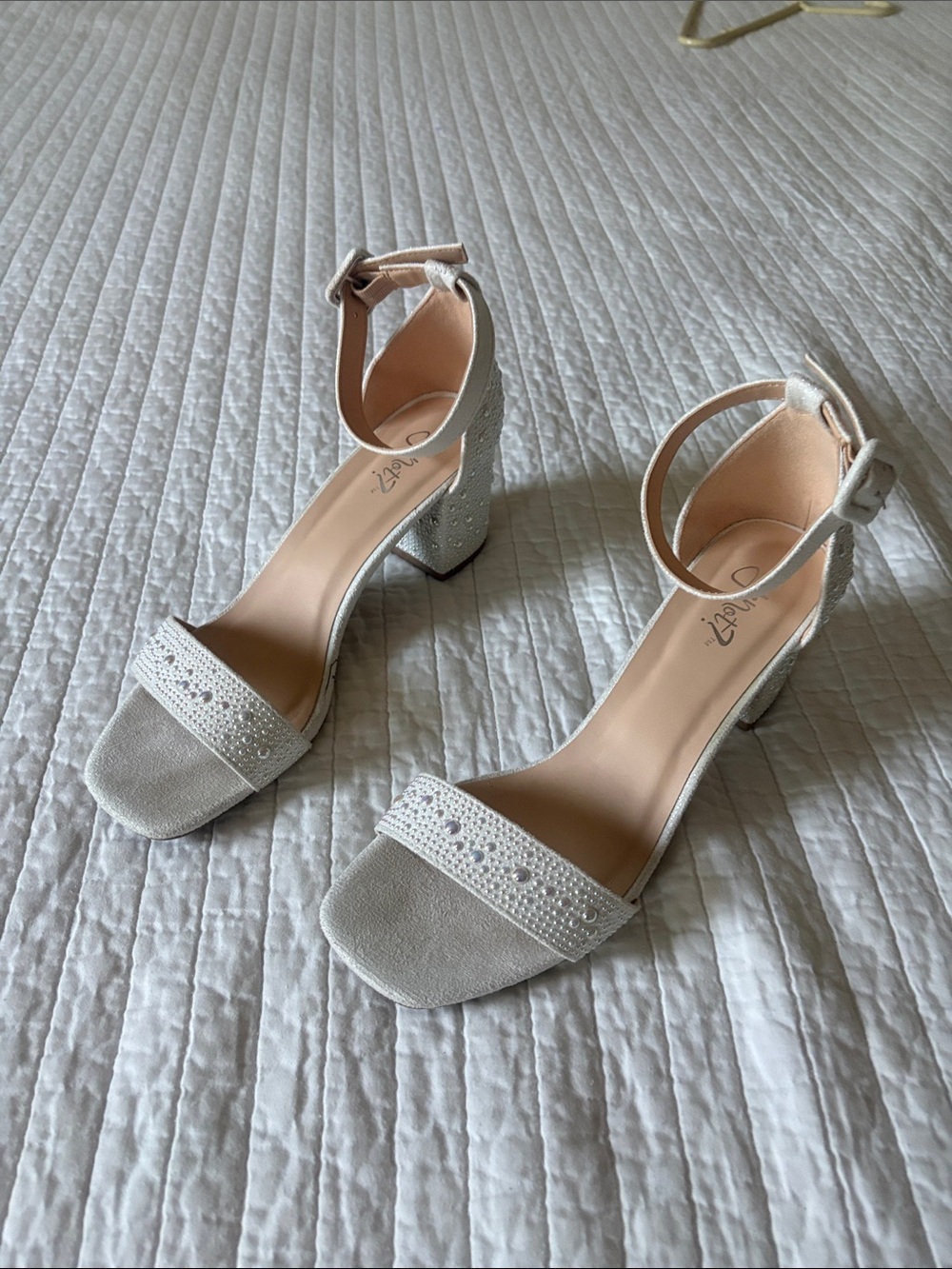 Crystal-Embellished Ankle-Strap Block Heels in Light silver/white